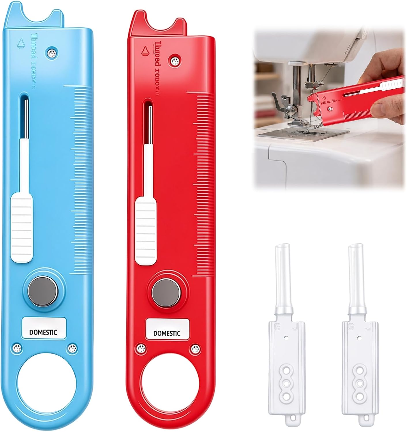 4-in-1 Sewing Threader Tool with Seam Ripper, Magnetic Sewing Guide for Sewing Machine, Built-in Ruler and Magnifier, Quick Threading Sewing Tools (Blue+Red)