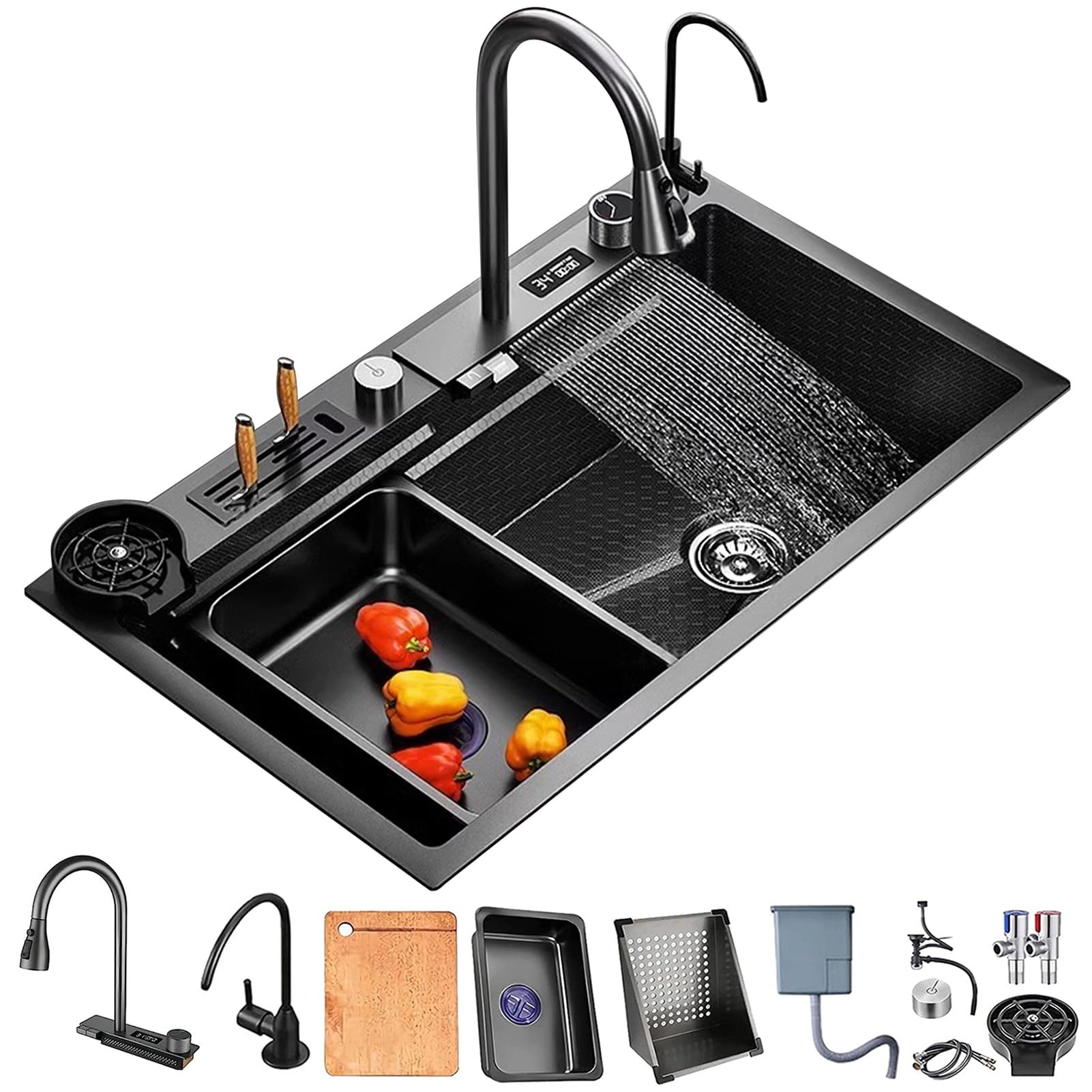 WIQUYBML 31.5" Kitchen Sink,Stainless Steel Waterfall Sink, Workstation Drop-In Modern Smart Sink With LED Display, Cup Washer, Knife Holder (Color : Black, Size 75x45x22cm)