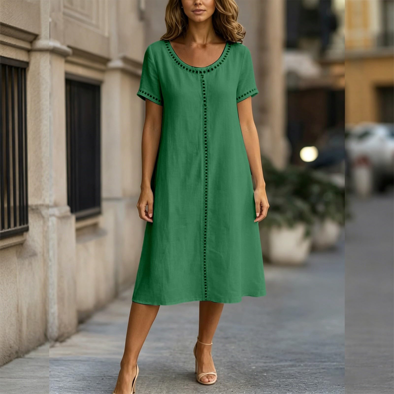 Leinenkleid Damen Sommer Baumwolle Leinen Kleid Kurzarm Sommerkleid Leicht und Luftig Freizeitkleid Elegant Strandkleid Locker Tunika Kleider Boho Sommerkleider Loungewear