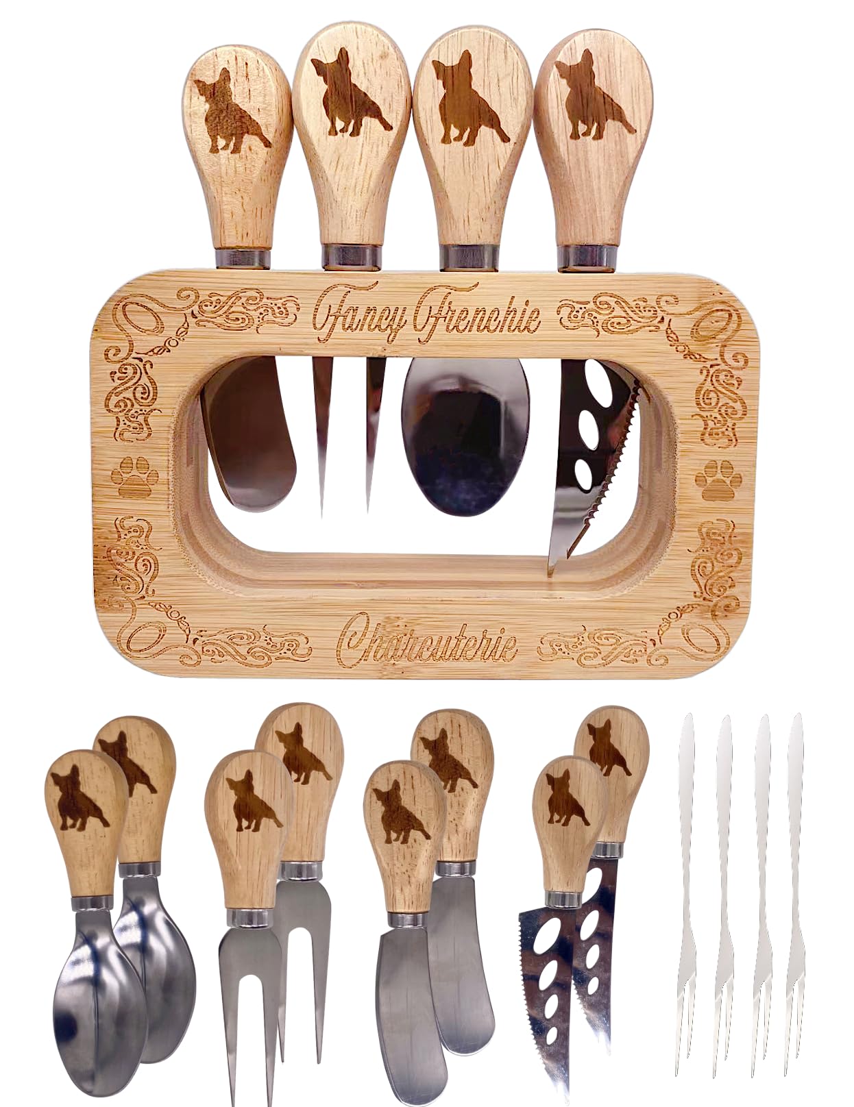 Frenchie The French Bulldog Cheese Board Deluxe Stainless Steel Utensils 12 Set, and Engraved Bamboo Display Stand, Cheese Knives, Forks, Spoons, Spreaders and Mini Forks, Fancy Frenchie Charcuterie