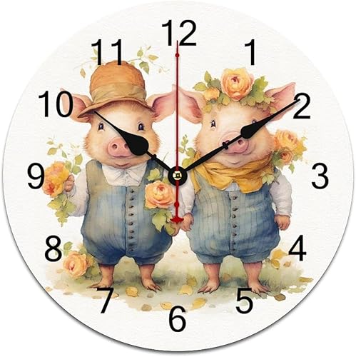Reloj de pared de cerdo de acuarela para parejas, funciona con pilas, silencioso, sin tictac, decoración del hogar, relojes de pared de PVC para