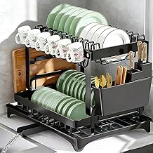 2-Tier Dish Sink Drainer Rack with Drip Tray & Rotating Drainage Spout – Space-Saving Dish Drying Rack Kitchen for Cups, Utensils, and Cutting Boards