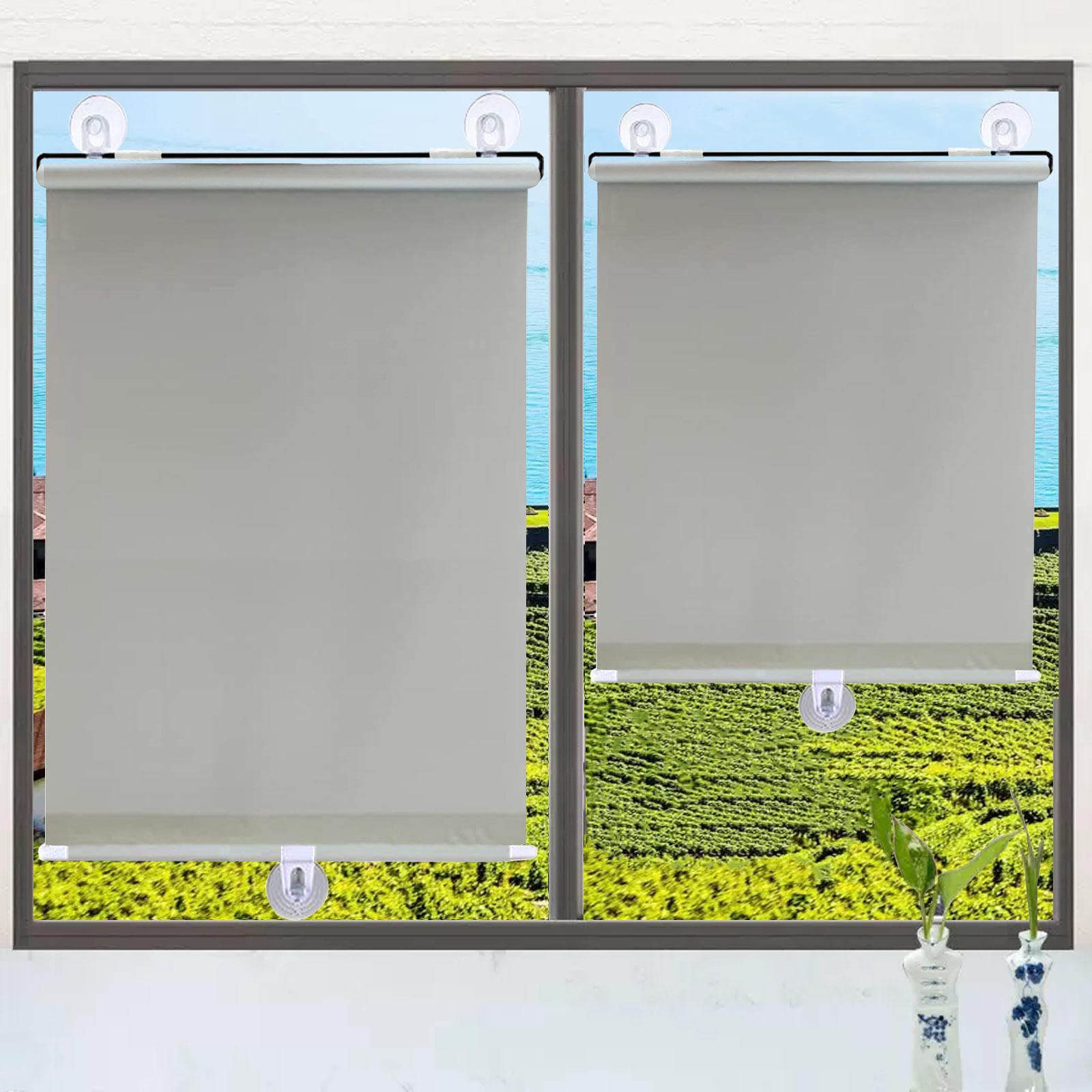 Kgudys Grey Suction Cup Roller Blinds,No-Drill Roller Blinds,Portable Balcony Curtains,Thermal Insulation And Sun Protection,Temporary Blinds For Windows And Doors,Many Sizes,-65X125cm/25X49in