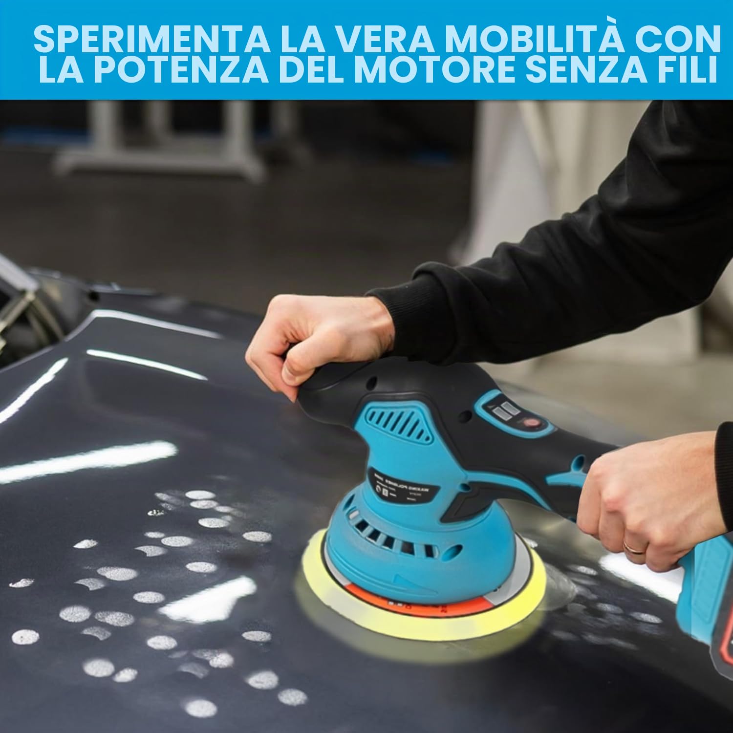 HERZO Lucidatrice a batteria 150 mm, tampone auto e lucidatrice, 6 velocità variabile, set di lucidatura auto, 2 batterie da 21 V 1,5 Ah, lucidatrice senza fili per la cura dell'auto, lucidatura, cera