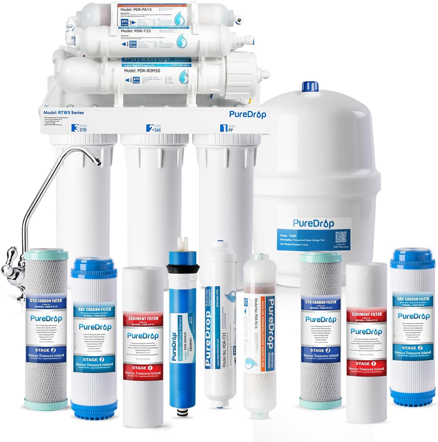 RTW5AK SGS-Tested Reverse Osmosis Alkaline Water Filter System, 6 Stage pH+ Alkaline Remineralization Under Sink RO Water Filtration System Plus Extra 3 Filters, 50 GPD