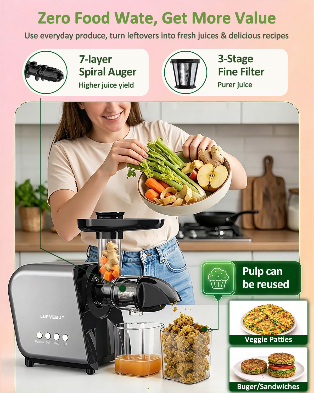 Slow Juicer with Reverse Function, Cold Press Extractor for Greens