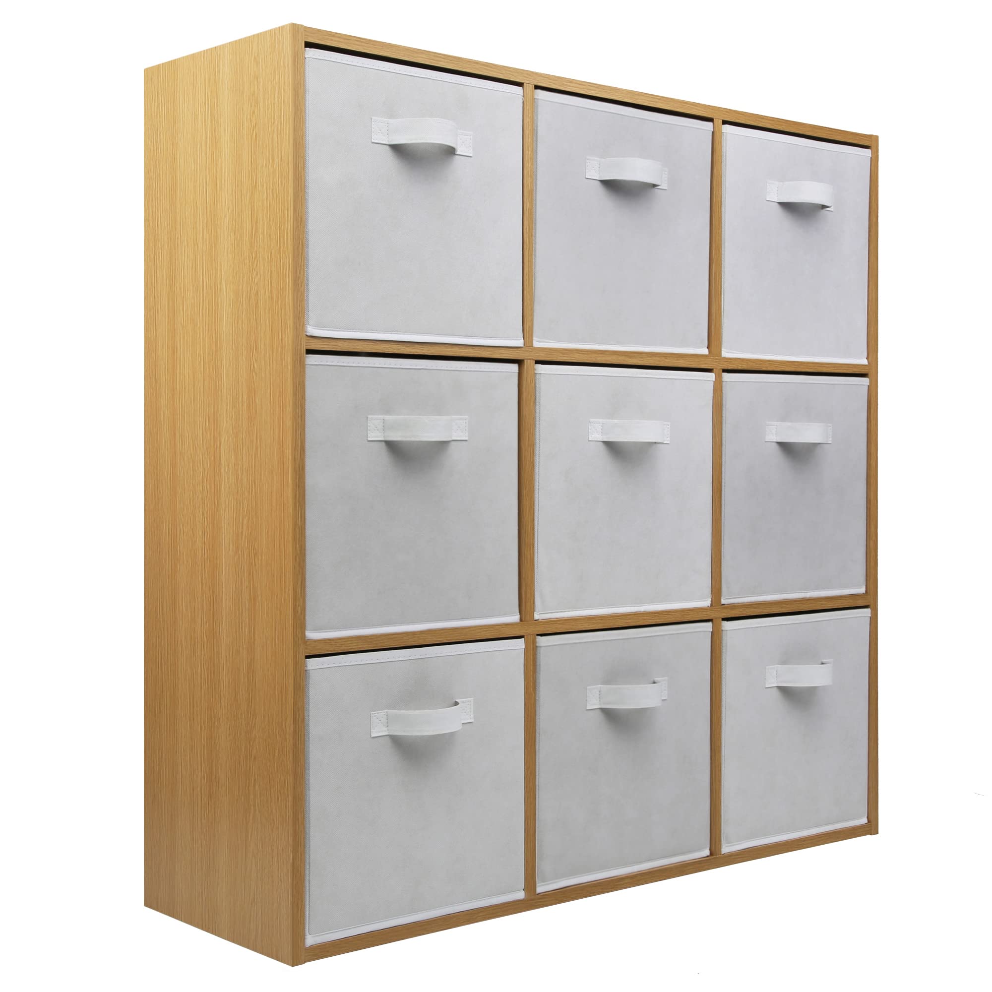 Charles Jacobs Oak 9 Cube Storage Shelving Unit + 9 White Fabric Drawers