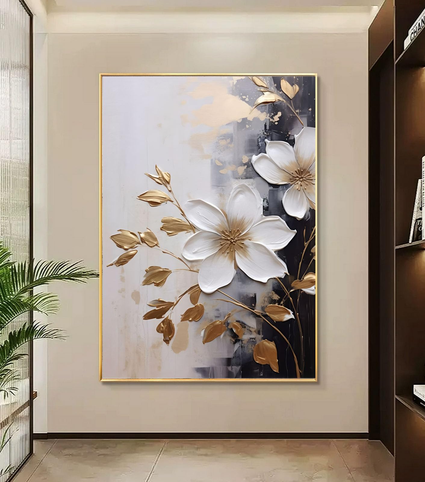 3D Textured Flower Wall Art for Living Room, Hand-Painted White and Black Floral Oil Painting for Bedroom,Framed Large Floral Artwork for Office Home Decor 28x40 inches