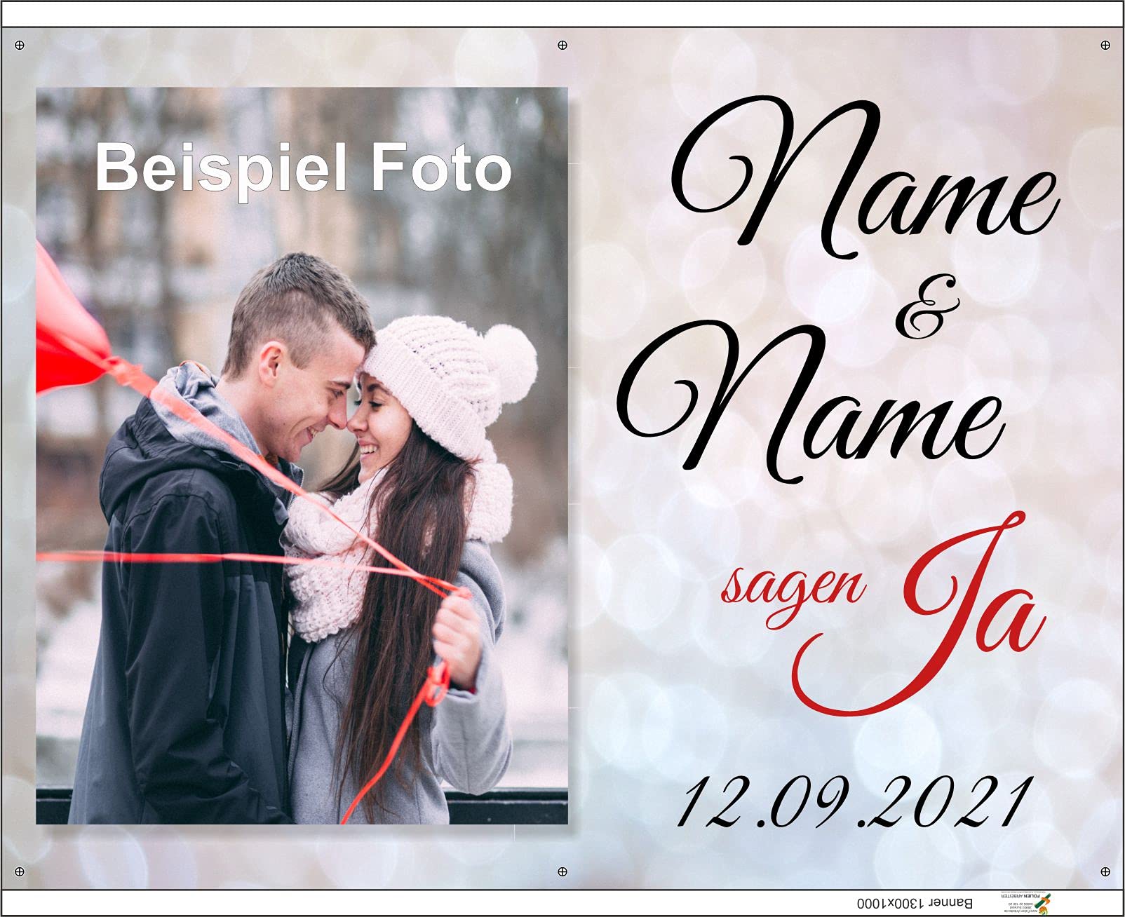 Hochzeitsbanner 130 x 100 cm mit Deinem Foto und Text