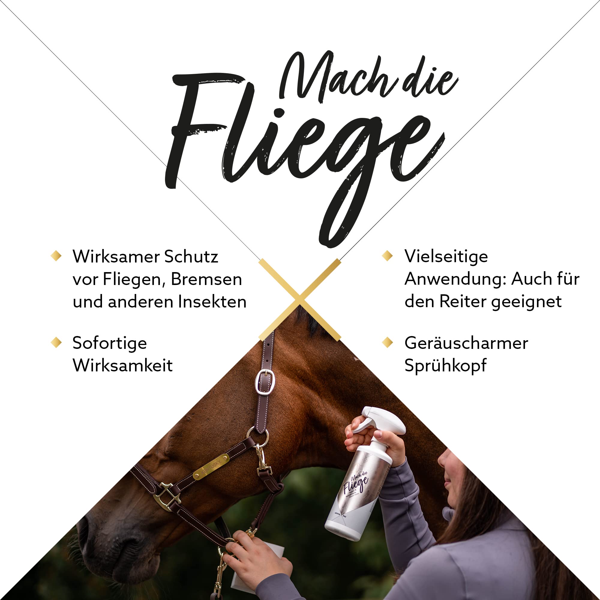 Fliegenspray Mach die Fliege – Insektenschutzspray mit Icaridin & Kräuterduft für Pferde und Reiter | sanft, wirksam & geräuscharm, 500ml