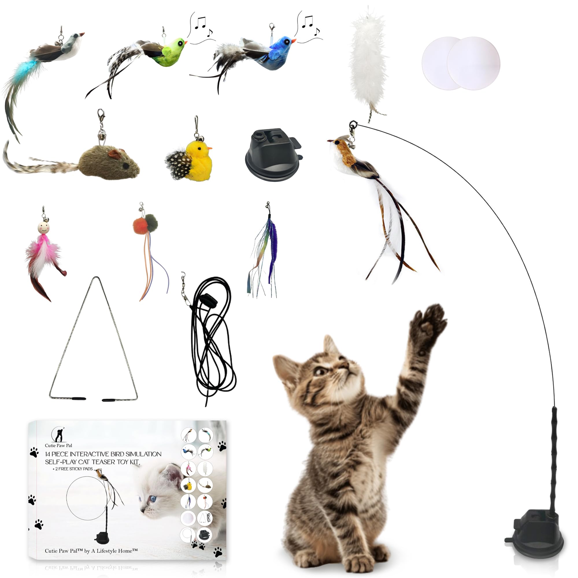 Juego de juguetes interactivos de plumas de gato de simulación de pájaros, juguetes de ventosa para gatos de interior, plumas naturales, campanas y fácil de enganchar, perfecto para