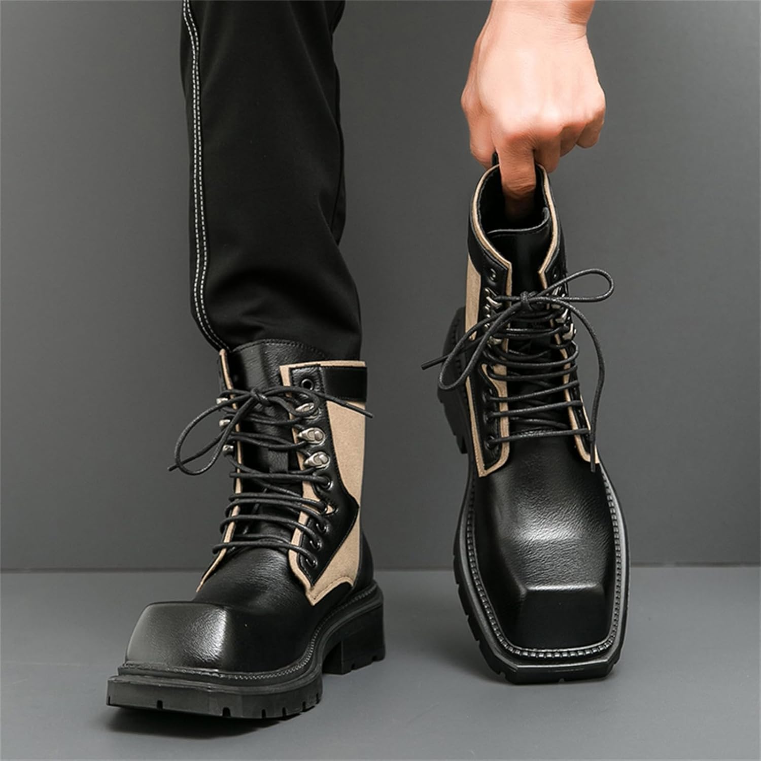 Mens Leather Lace-Up Chunky Platform Heels Chukka Ankle Boots Casual Non-Slip Square Toe Dress Combat Boot for Walking Formal Business - Image 2