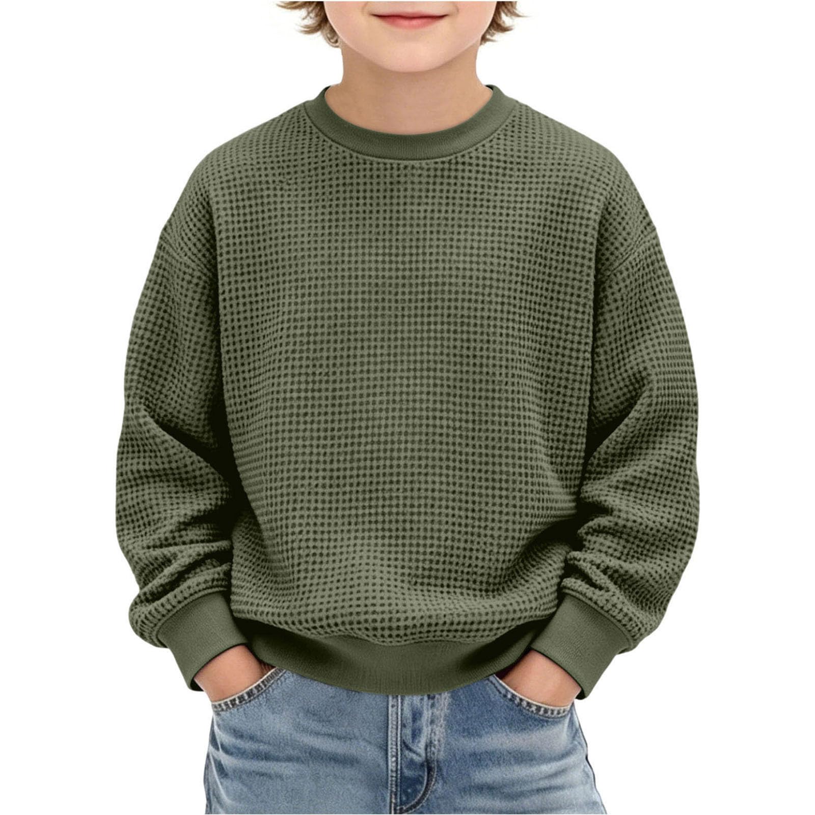 Kids Boys Waffle Long Sleeve Crewneck T-Shirts Tee Tops | Trendy Athletic Casual Sweatshirts,Teen Boy Fall Winter Clothes,Back to School Outfits 2026 9-10 Years Army Green