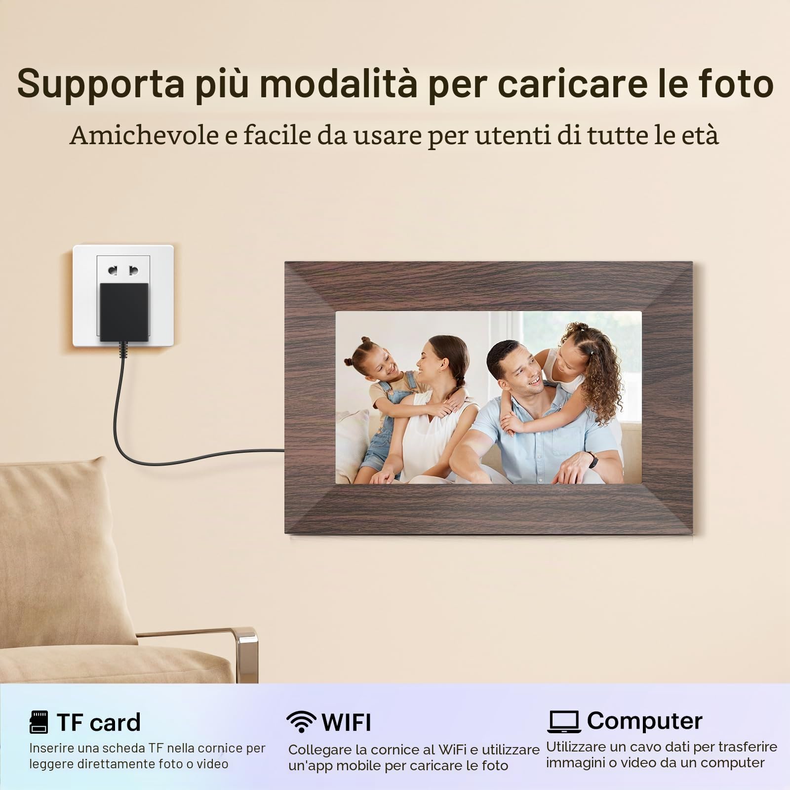 Cornice Digitale 7 Pollici, WiFi IPS Touchscreen Cornice Elettronica, Memoria Integrata da 32GB, BWJBSW Cornice Foto Digitale per Condividere Immagini, Video e Musica, Supporta Sveglia, Auto-Rotazione