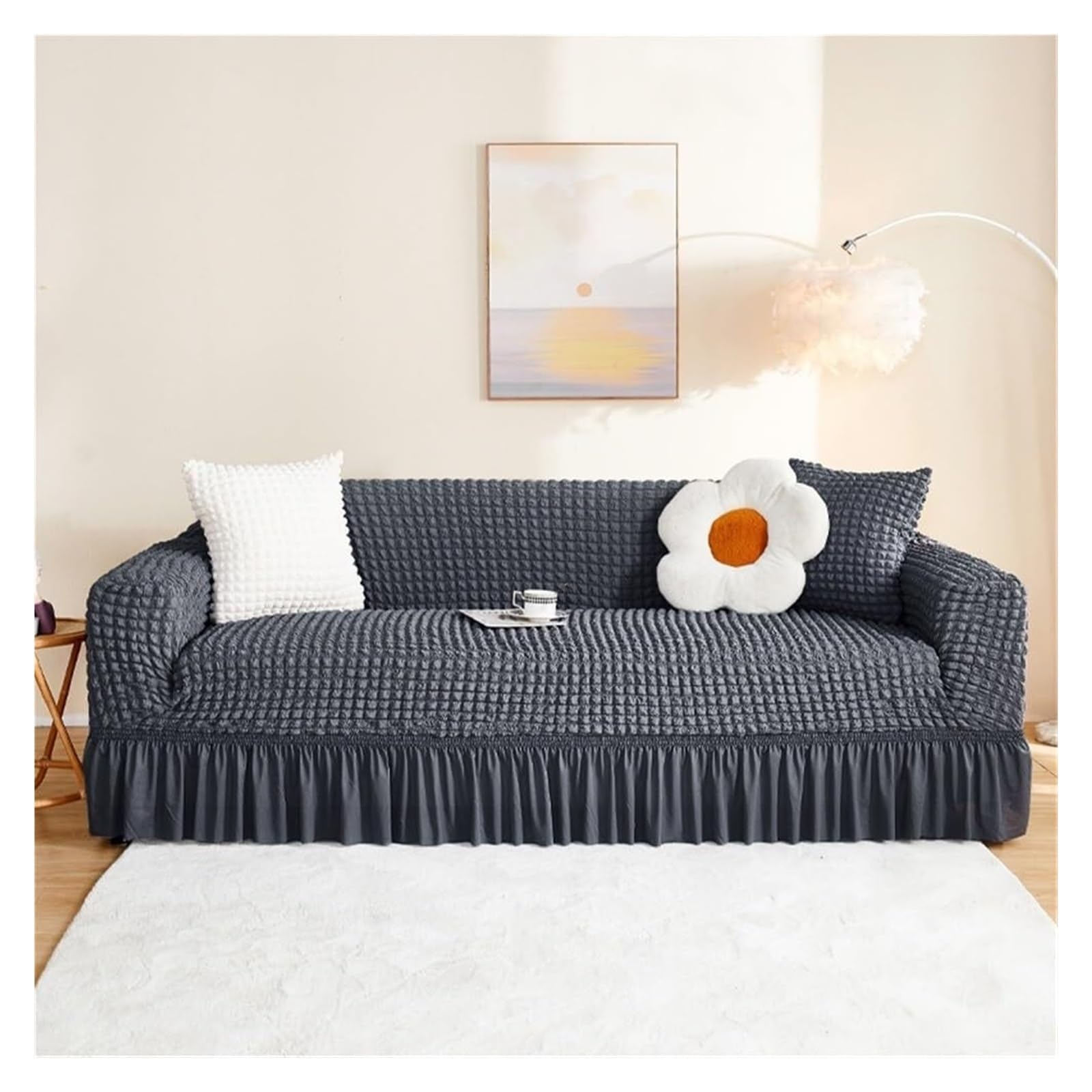 BEIWOSHA Seersucker Sofa Slipcover With Elastic Bottom And Ruffle Skirt, Washable Couch Covers High Stretch Furniture Slipcovers(8,2 seaters(145-185cm))