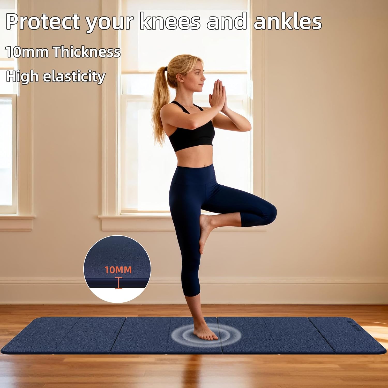 Foldable Yoga Mat Thick 10mm-WUWAN Extra Large Exercise Mat, TPE Material, Non-Slip Fitness Folding Mat Easy to Carry, Suitable for Home Workout Travel Pilates (75" x40",2/5") (Blue)