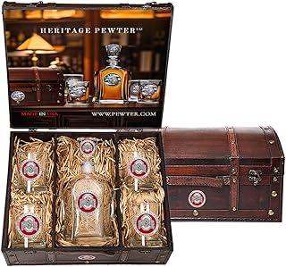 Heritage Pewter Ohio State Capitol Decanter Chest Set | 24 OZ Liquor Pourer with 4 Double Old-Fashioned Glasses | Expertly Crafted Pewter Glass