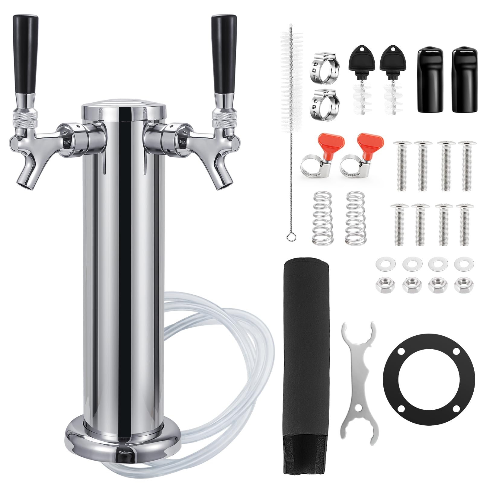 Kegerator Tower Dual Tap Beer Tower Dispenser Kegerator Parts?3 Inches Stainless Steel Beer Tower Includes Pre-Assembled Hose and Self-Closing Faucet