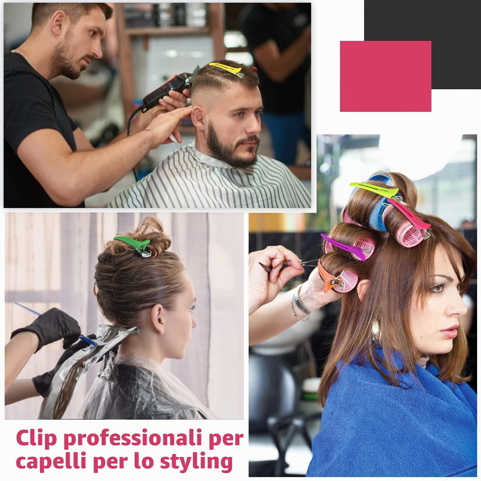 AIMIKE 12 Pezzi Fermagli per Capelli Professionali con Becco D'anatra e Fascia Silicone per Styling, Parrucchieri - Neon