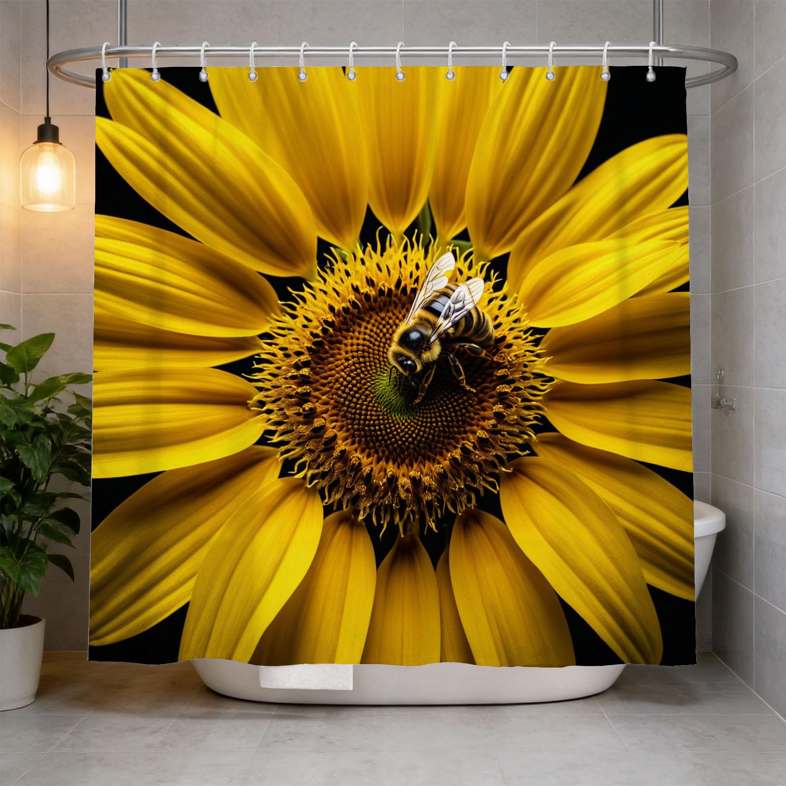 Hongduo 3D Sunflowers Printed Shower Curtain for Stalls Bathtubs Bee Bathroom Decor Shower Curtain Set Polyester Fabric Waterproof 200x200cm/79X79 Inch with Hooks