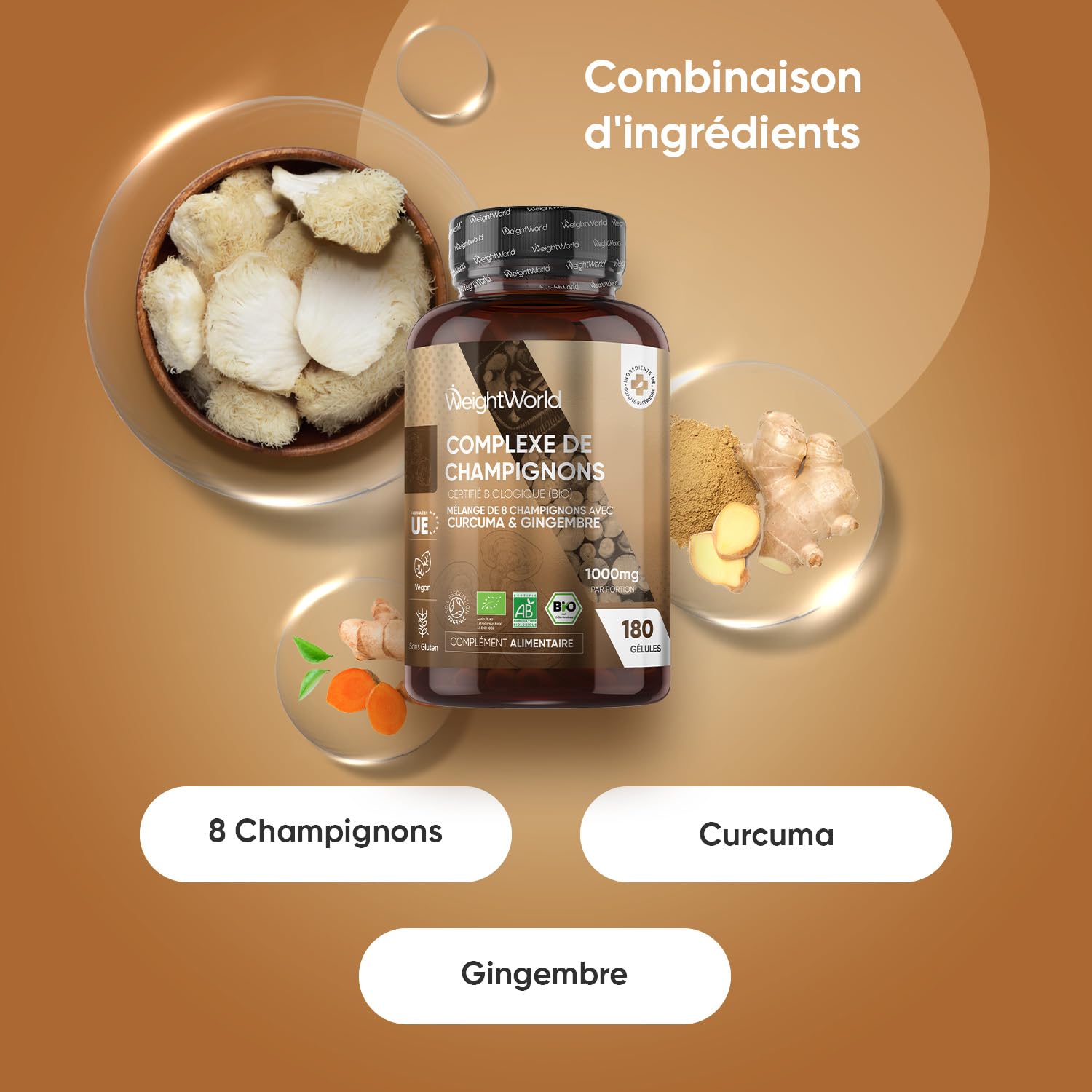 Complexe 8 Champignons Bio 180 Gélules Vegan Certifié AB - Reishi, Lions Mane, Cordyceps, Chaga, Shiitake, Maitake, Huître, Coprin, Champignons Gélules Enrichi en Curcuma et Gingembre pour 3 Mois