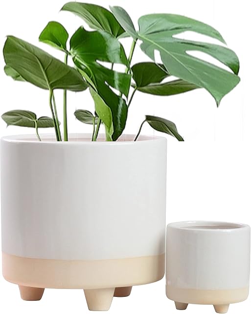St Tropez Ceramic Plant Pots Indoor on Legs - White and Sand Planter Set 2 - 20cm and 10cm - Indoor & Outdoor