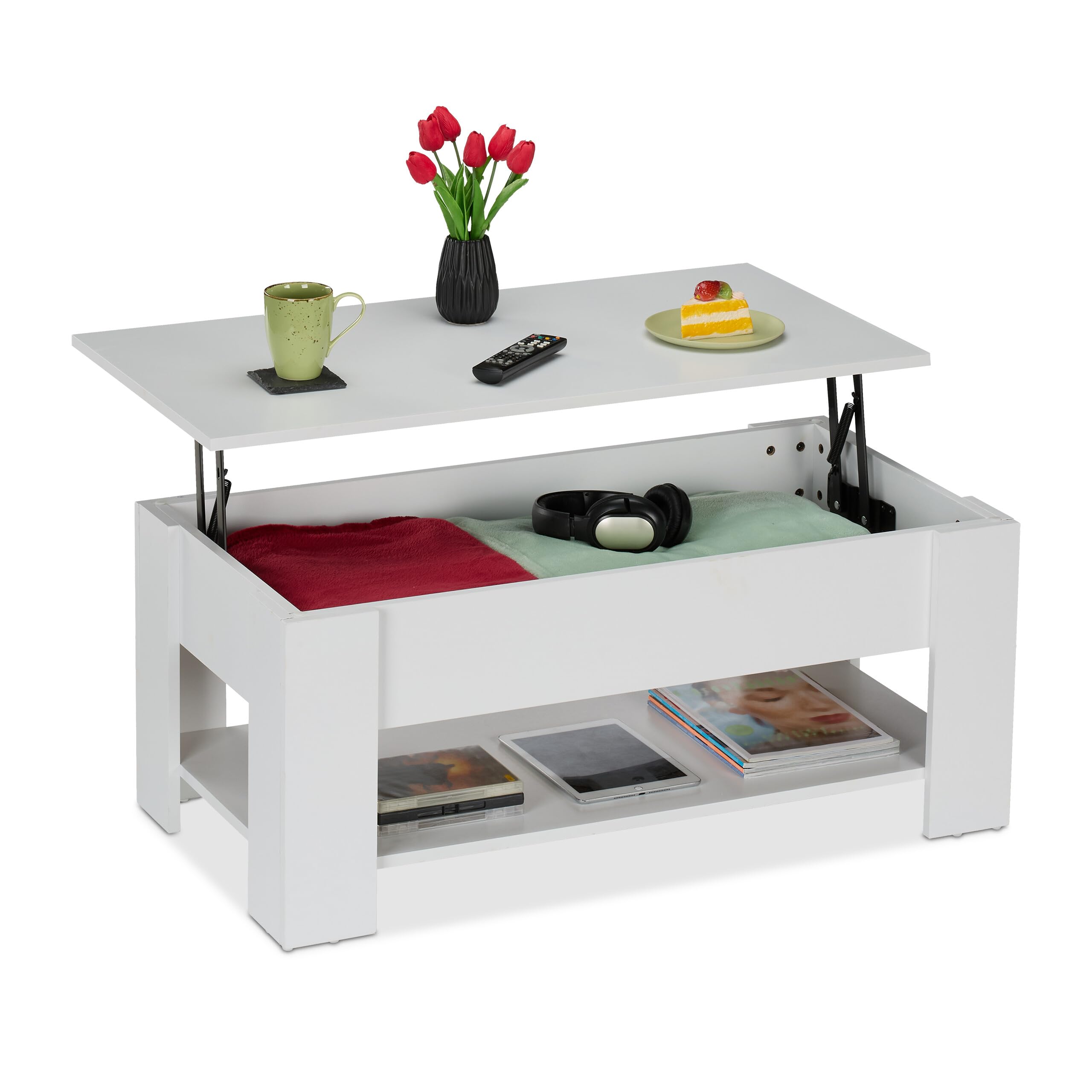 Relaxdays Tavolino da Salotto Contenitore, HxLxP: 42 x 98 x 50 cm, Tavolo da caffè Basso con Piano Sollevabile, Bianco