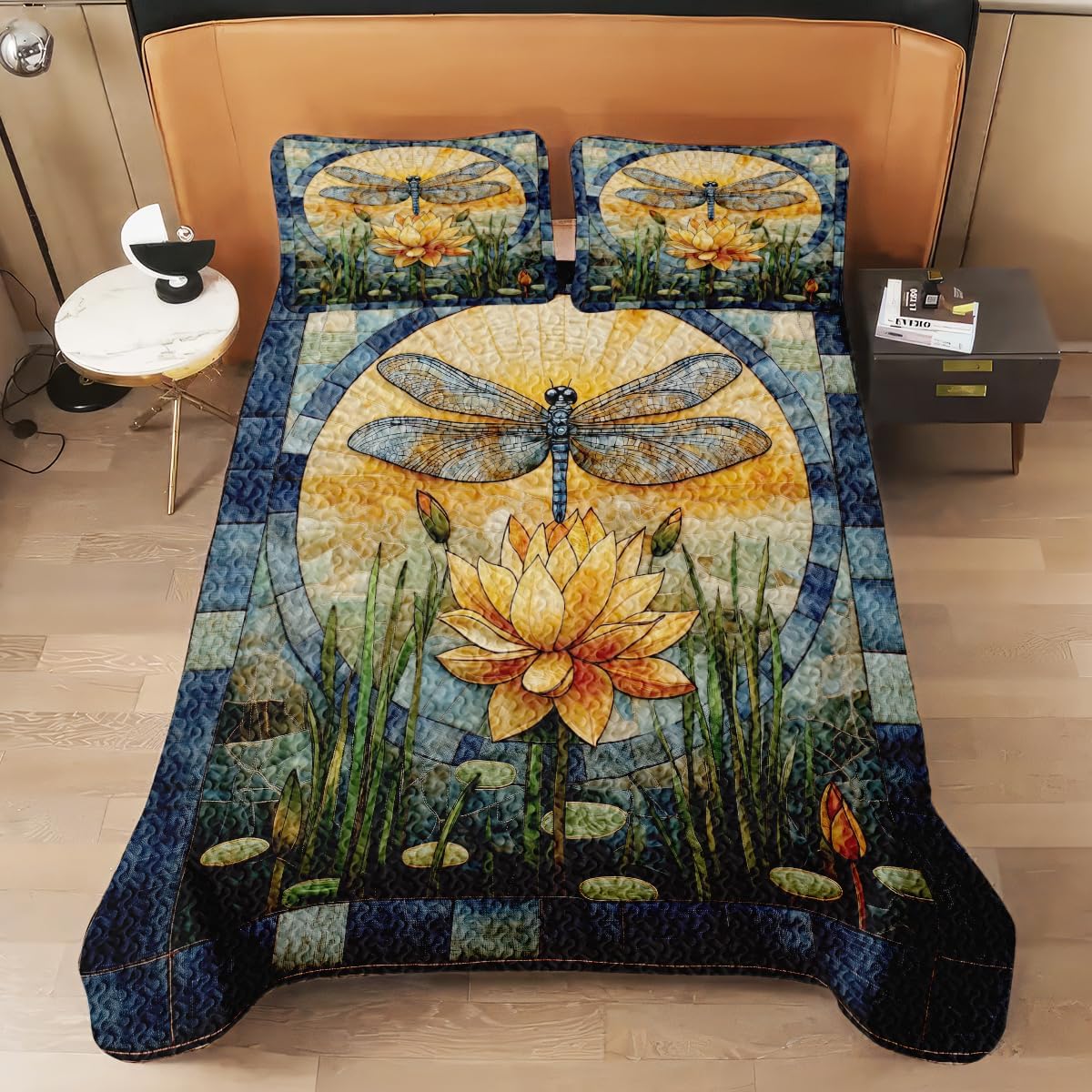 Dragonfly Patchwork Pattern Quilt Set, Animal Style, Dragonfly Quilt Set Bedspread, Custom Patchwork Pattern Quilt Bedset, Cotton Bedding for Bedroom Girl Room