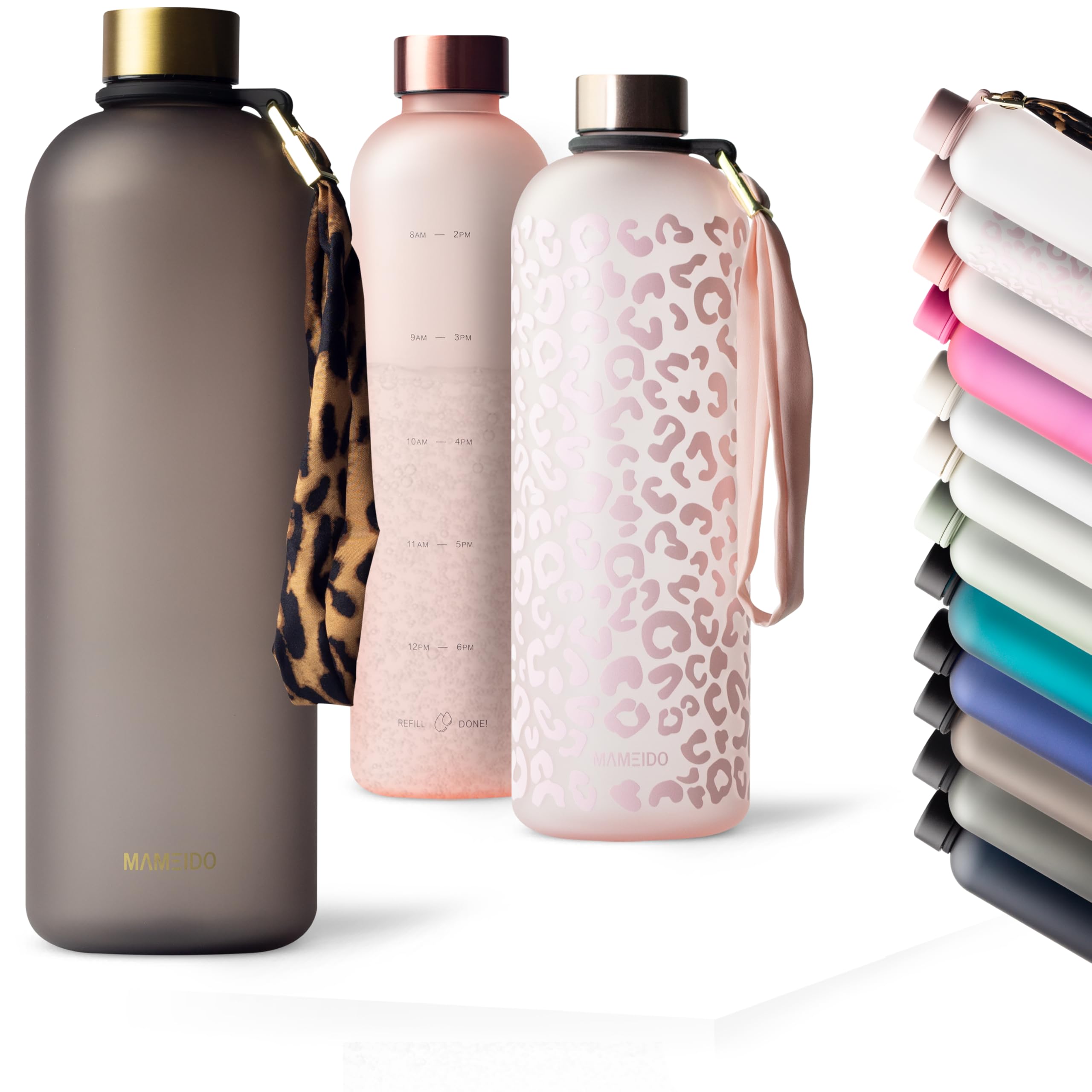 MAMEIDO Trinkflasche 1,5 l & 1 l Urban Taupe Gold – Wasserflasche Design Kunststoff mit Motivations-Zeitmarkierung, BPA-frei – wasserdichte Sportflasche für Gymnastik