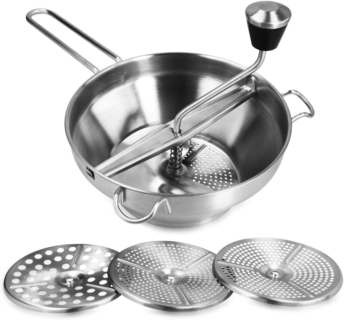 Navaris Stainless Steel Food Mill - Rotary Food Mill Vegetable Strainer Potato Masher Grinder with 3 Milling Discs, 1 Quart Capacity - Dishwasher Safe