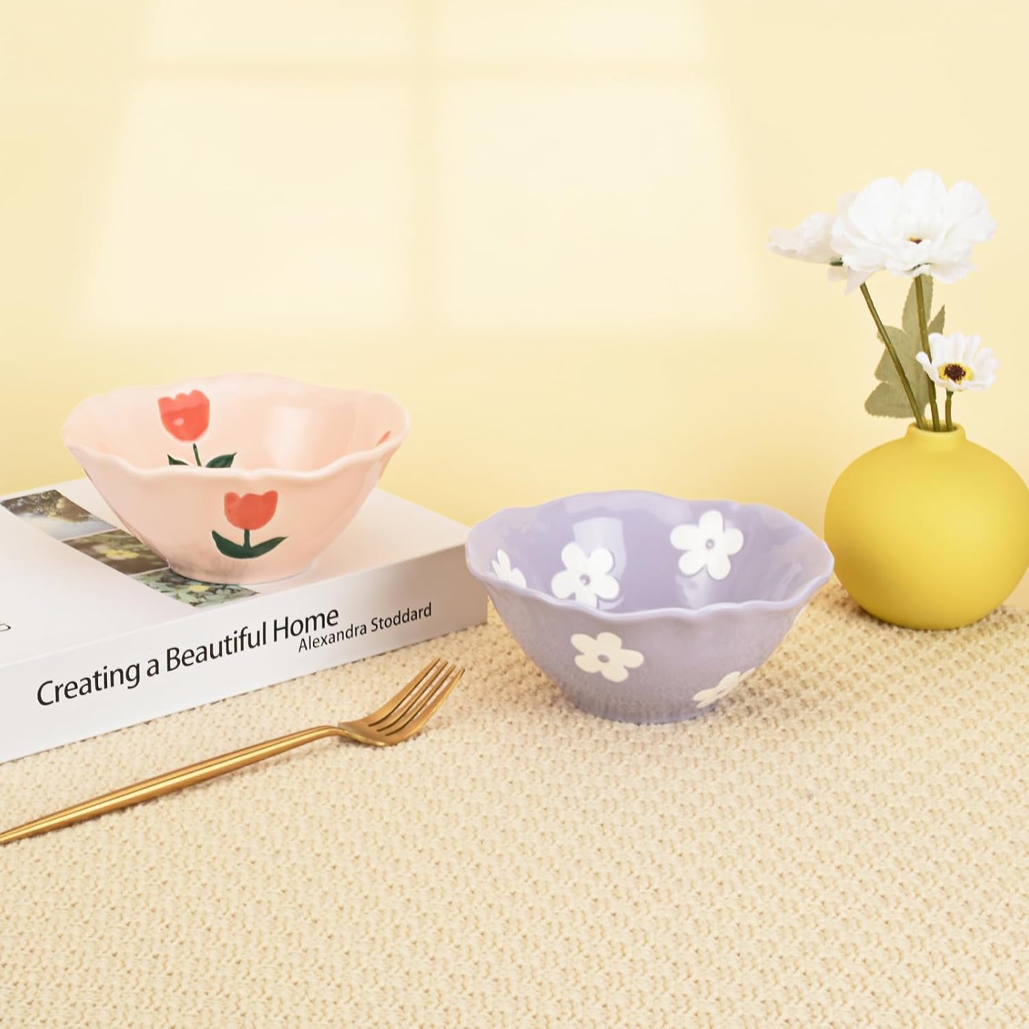 Koythin Flower Shaped Ceramic Soup Bowl, Purple Floret Cereal Salad Bowl