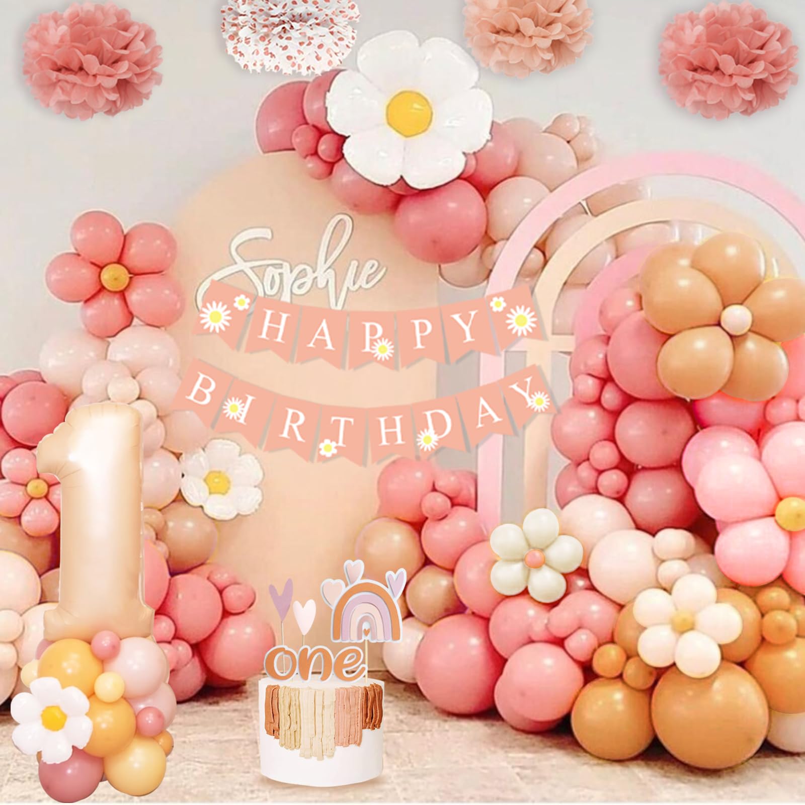 Is ze niet Onederful meisje 1e verjaardag decoraties, hert eerste verjaardag feestartikelen voor een jaar oud meisje - bloemen achtergrond gouden ballonnen, bosland dieren decoratieset