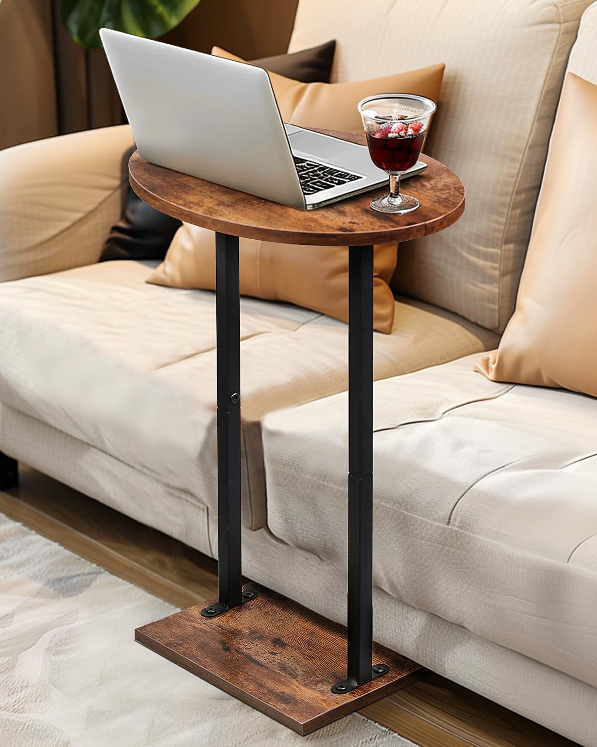 Eufrozy Table d'appoint, Bout de Canapé Ronde Moderne avec Panier en Tissu, 61cm Petite Meuble d'appoint en Bois avec Structure en Métal pour Salon Chambre Balcon Terrasse, Vintage Marron-Noir