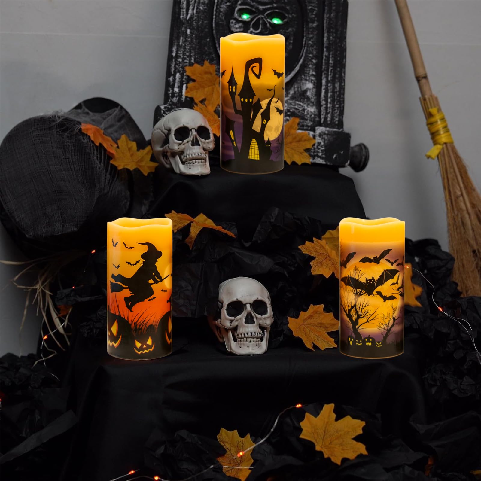 Candele ricaricabili per Halloween, senza fiamma, a batteria, con telecomando e timer, in vera cera tremolante, LED, pipistrelli, strega, zucca, cena, Halloween, decorazione per interni