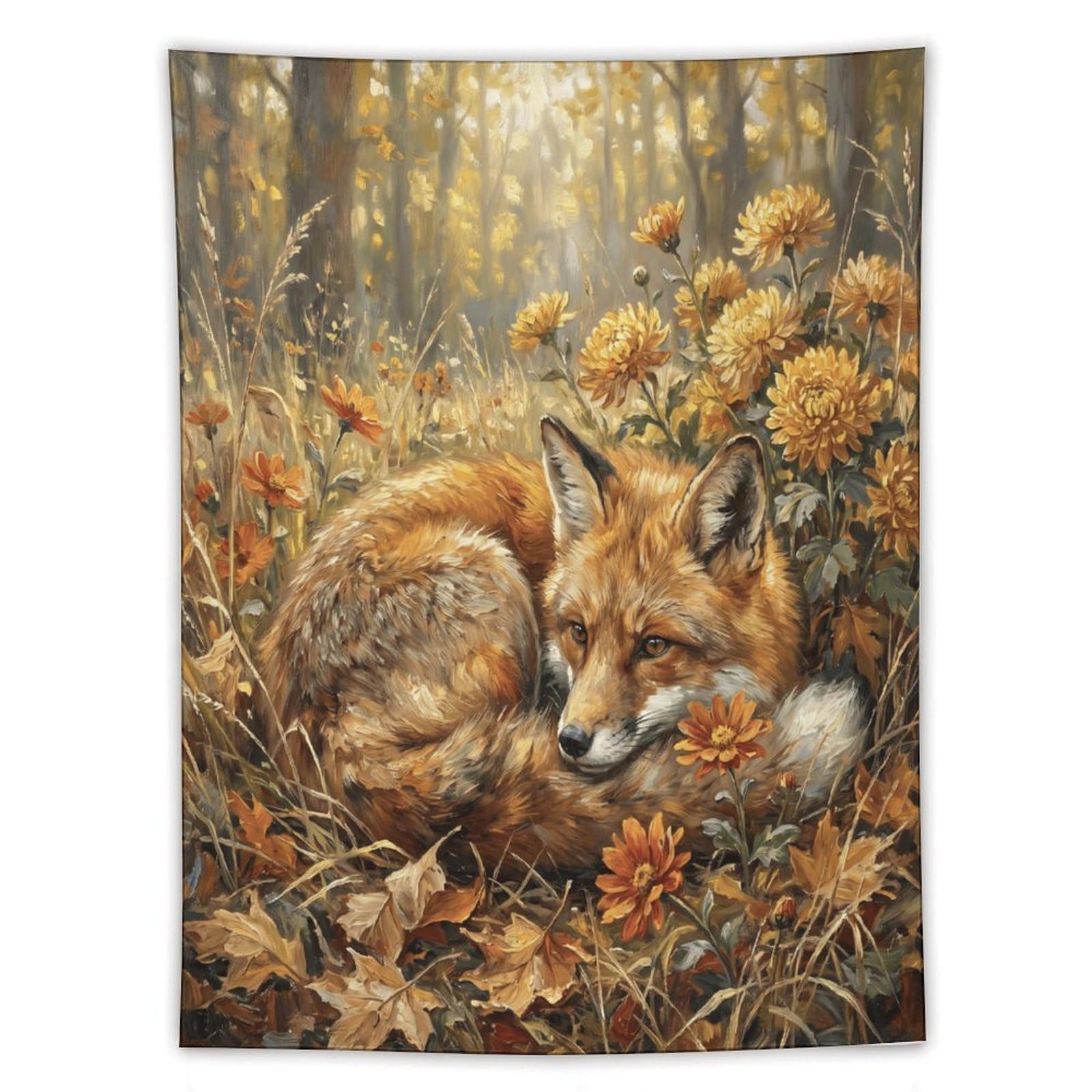 H3B8U2Y5 Autumn Fox Flower Field Wall Tapestry, Impressionist, Dorm Room