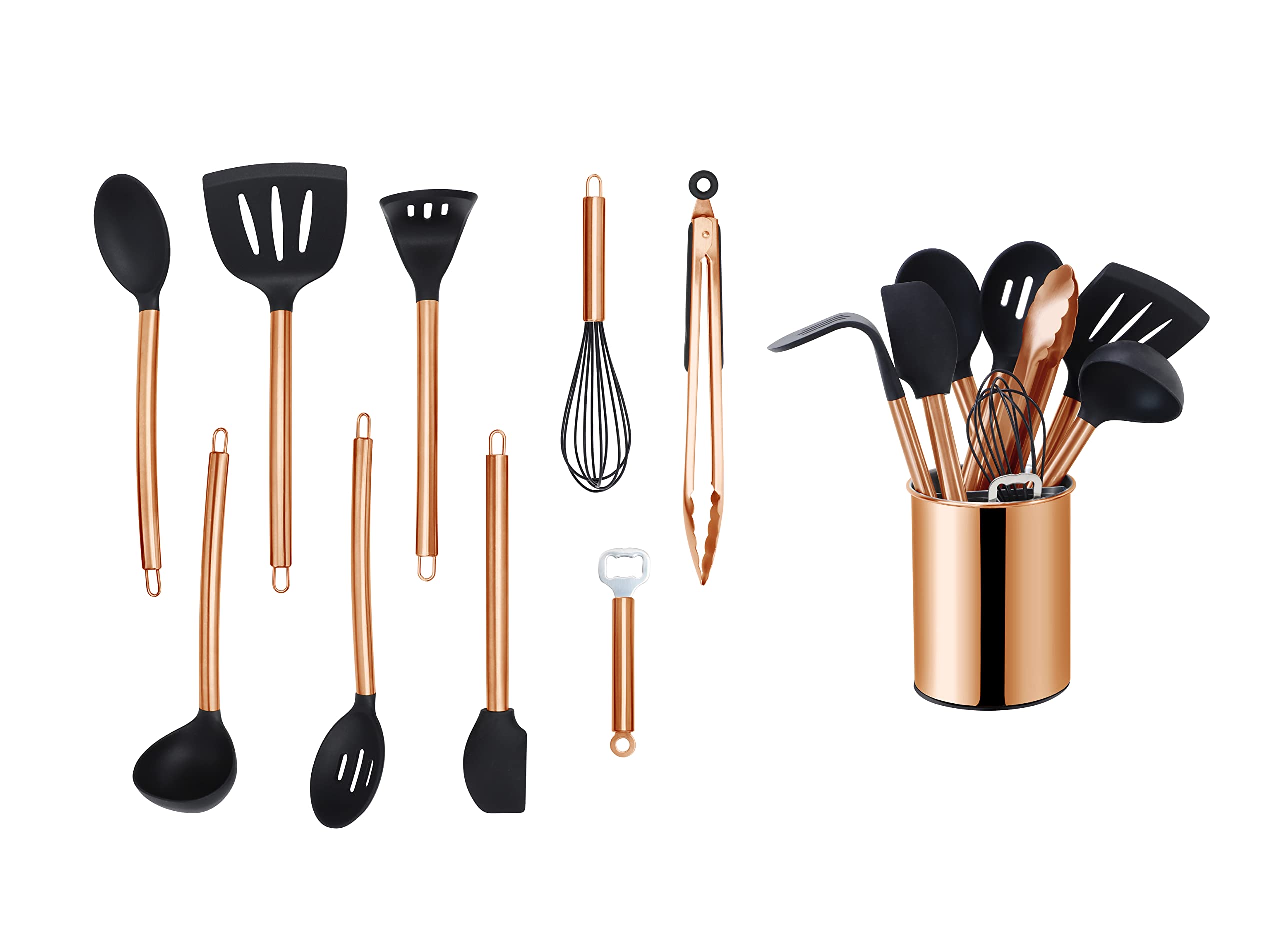 ECHTWERK Ustensiles cuisine, 10 pièces, silicone antiadhésive, manche inox, support, édition cuivre.