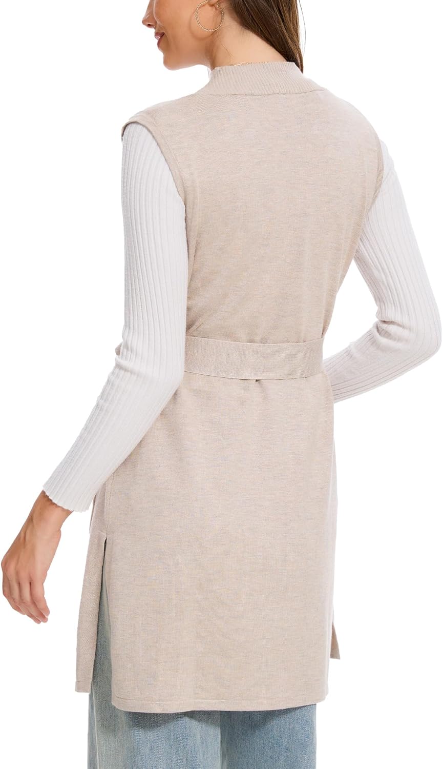 Moss Rose Long Vest for Women Sleeveless Cardigans Ribbed Knit Outwear with Belt and Pockets - Image 3