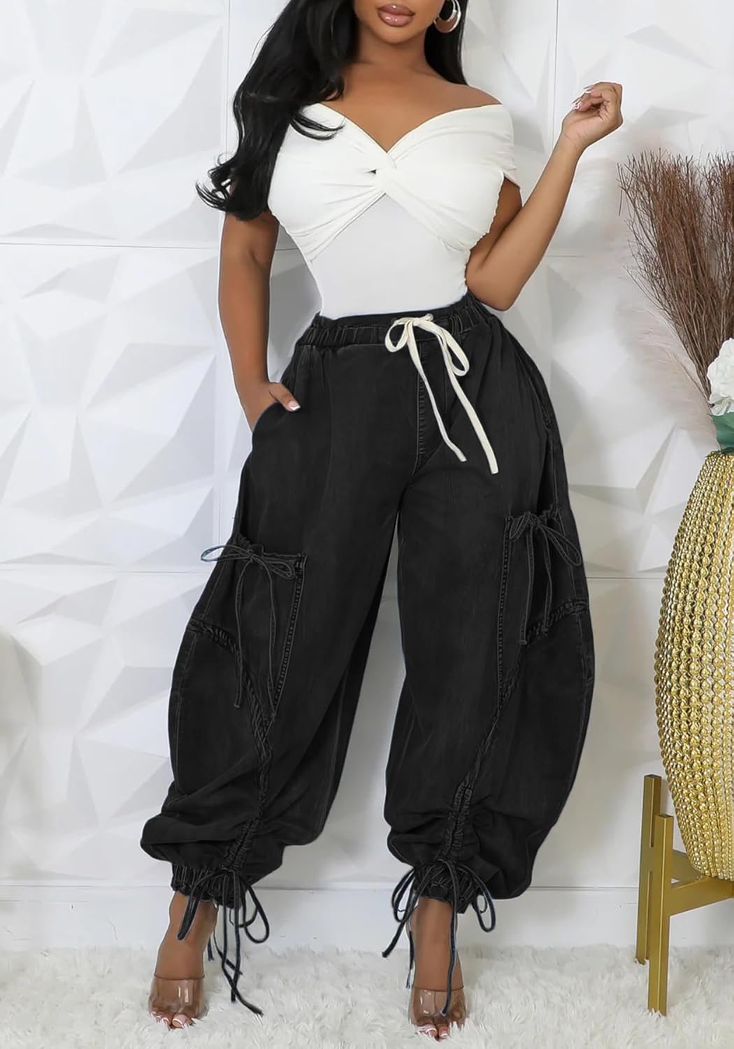 LETSVDO Women's Baggy Cargo Jogger Jeans High Waisted Wide Leg Drawstring Bow Pockets Loose Harem Denim Pant Sweatpants - Image 3