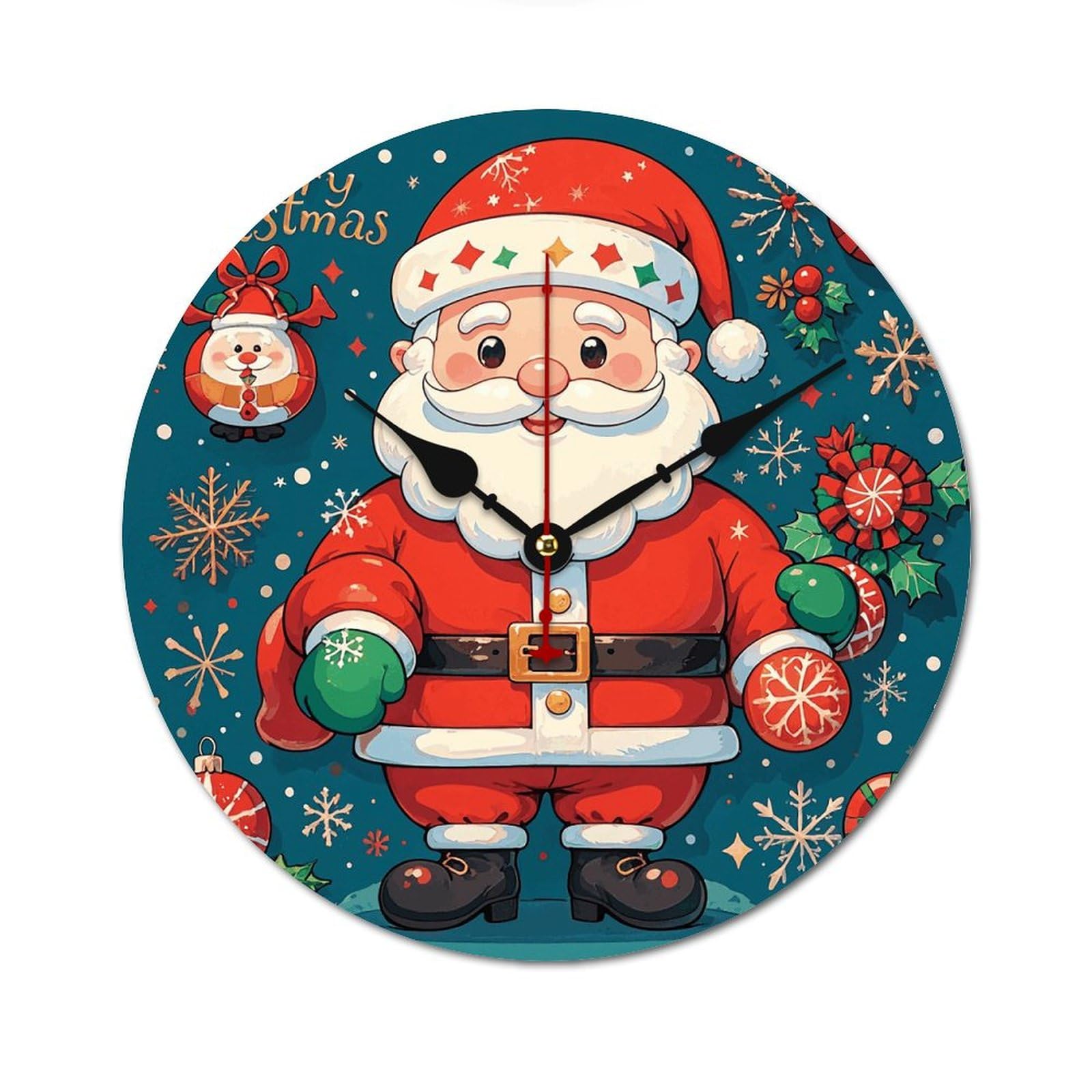 Horloge murale en bois 24 cm moderne et silencieuse Merry Christmas Santa Claus
