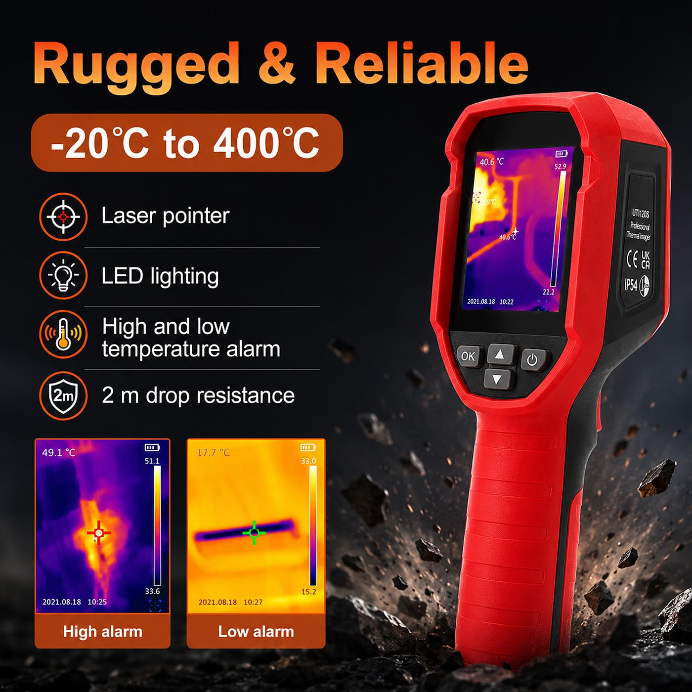 Cámara Térmica Infrarroja, Imagen LCD Recargable de 1080 Píxeles Cámara Portátil de Imágenes IR -20 °C - 400 °C (-4 °F A 752 °F) para HVAC, Inspección de Tuberías de Calefacción Por Suelo Radiante