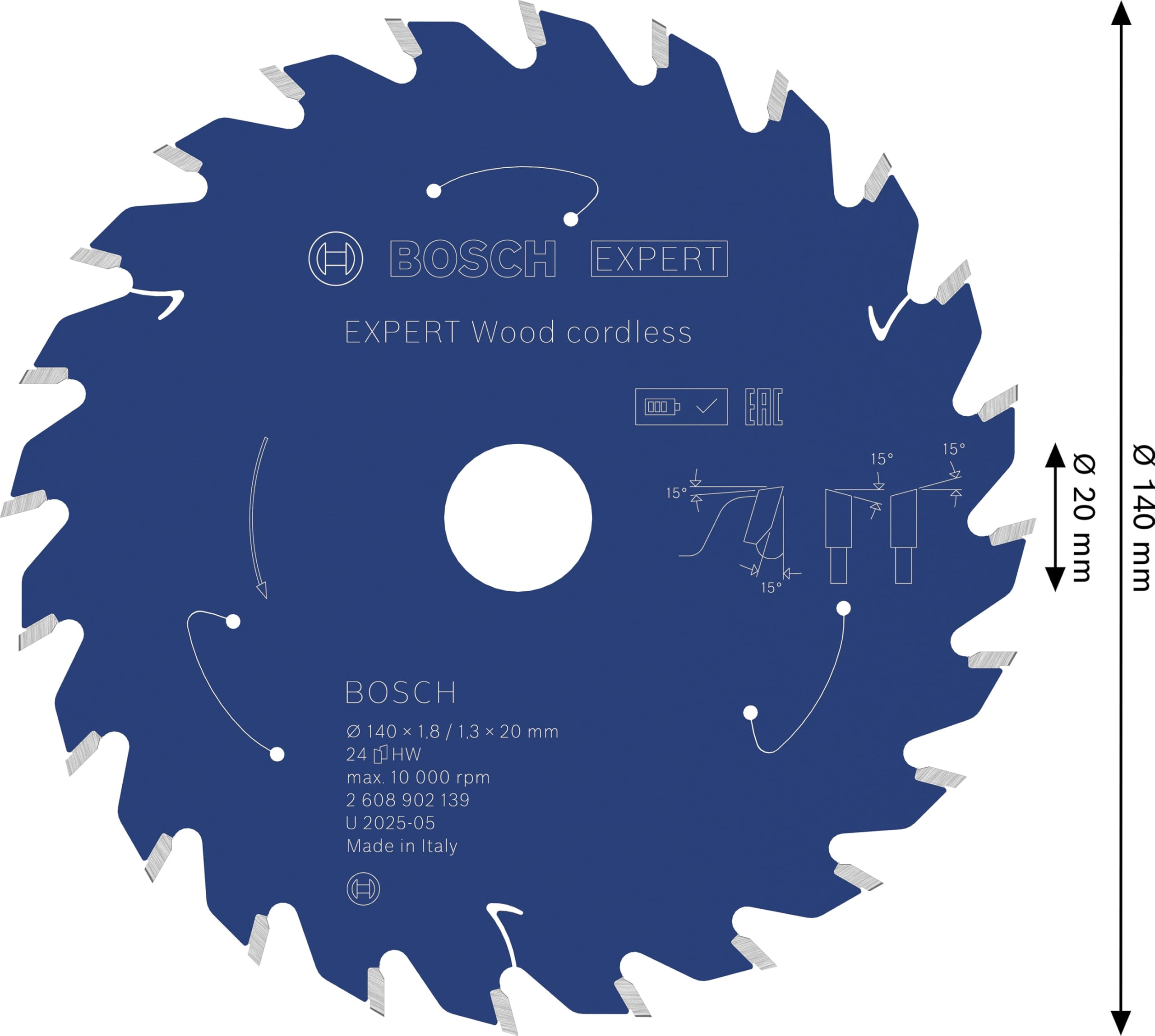 Bosch 1x Lama per sega circolare EXPERT Wood cordless per sega circolare portatile (per Legno tenero, Legno duro, Ø mm, Professional Accessorio Seghe circolari a batteria portatili)