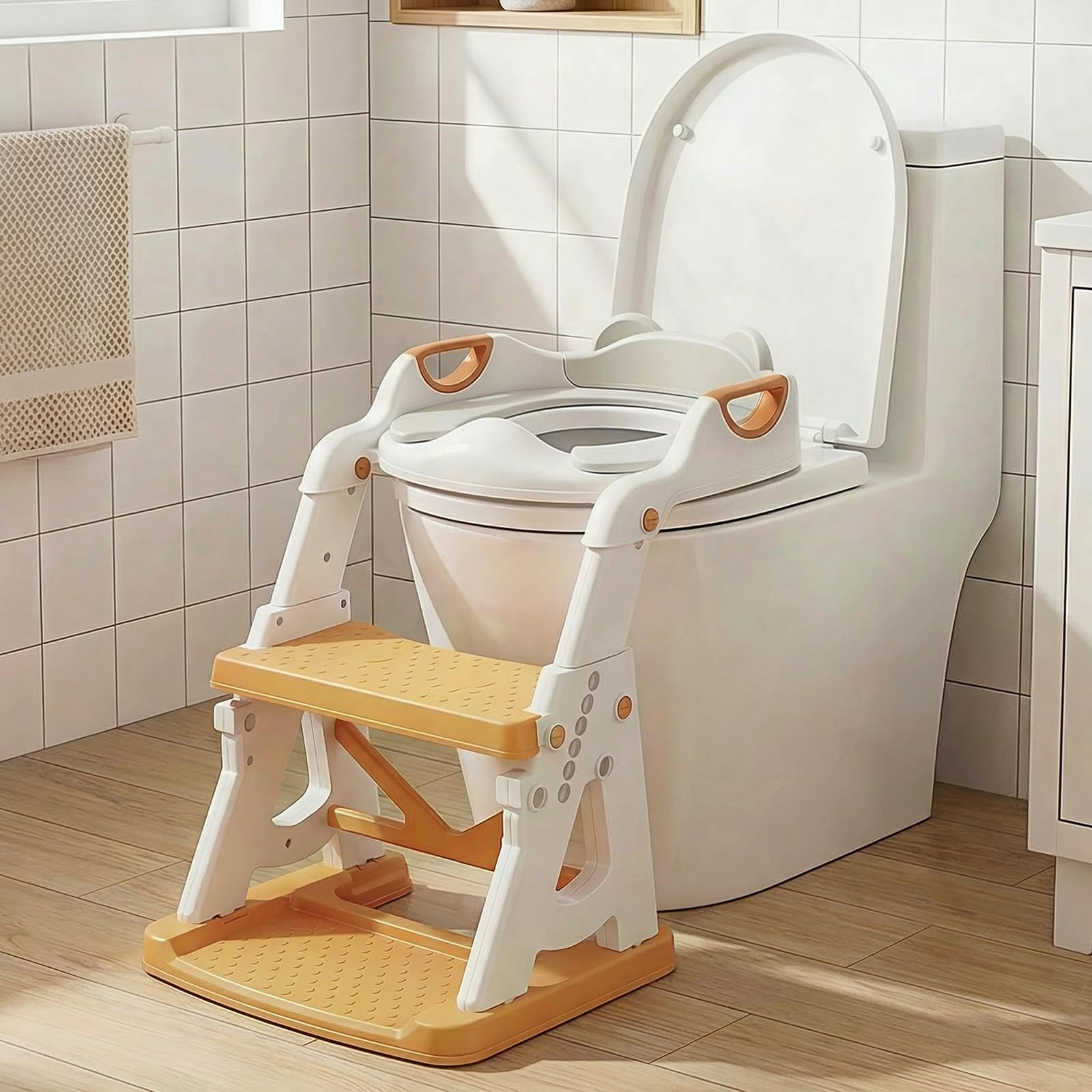 2-in-1 klappbarer Töpfchentrainingsitz für Kinder mit Trittstufe – höhenverstellbar, stabile Dreiecksstruktur, Spritzschutz, rutschfeste Trittfläche – für Jungen und Mädchen (Gelb)