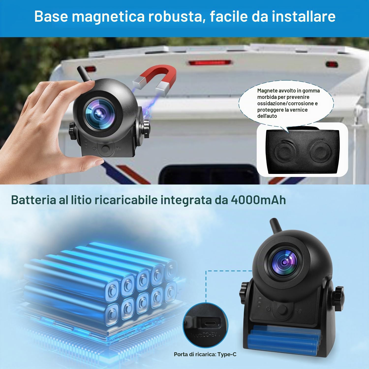 Uzone Telecamera per retromarcia senza fili, 720P, HD, Bluetooth, per iPhone Android, visione notturna, IP68, impermeabile, magnetica, telecamera di retromarcia senza fili, per roulotte, Hitch