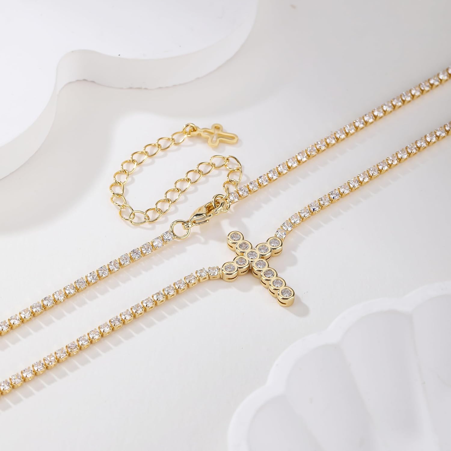 Cross Necklace, 18K Gold-Plated Cubic Zirconia Tennis Chain, Sparkling CZ Cross Pendant for Women, 16-18 Inches