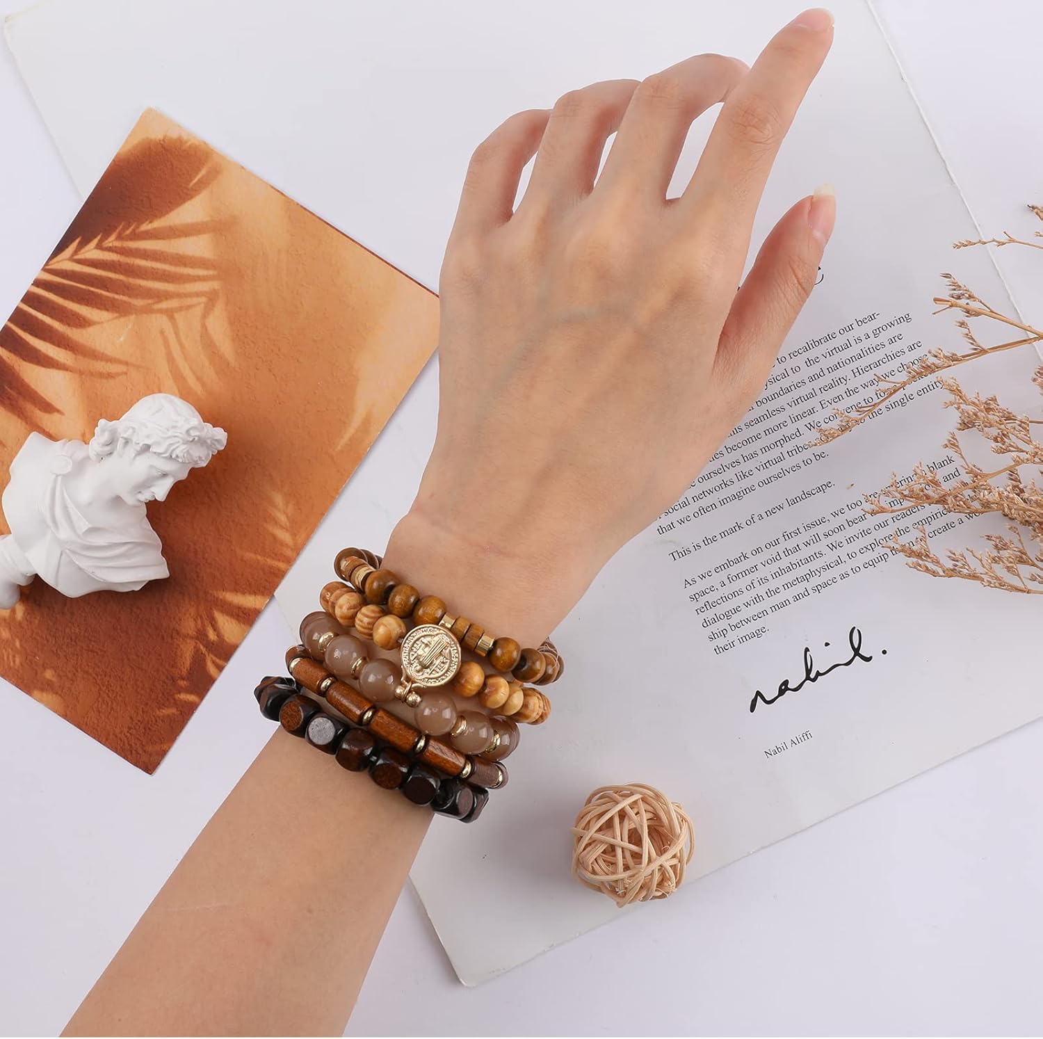 Bohemian Natural Stone Beaded Bracelets for Women Men Stackable Stretch Beads Bracelet Set with Charm and Tassel Multilayered Elastic Gemstone Bracelets Summer Beach Boho Jewelry Gift for Women - Image 5