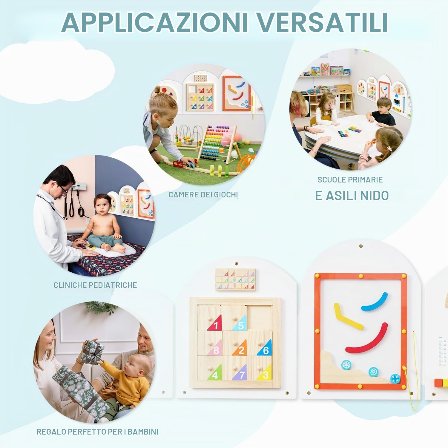 Monläurd Tavola attività Montessori Nuvola, tavola sensoriale, Giocattoli in Legno, Giocattoli da Parete per Bambini e Bambine dai 6 Mesi