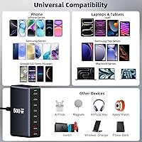 Vista 4 de Bloque de cargador USB C de 8 puertos de carga rápida de 500 W con cable de carga rápida de nailon, estación de carga multidispositivo, cargador