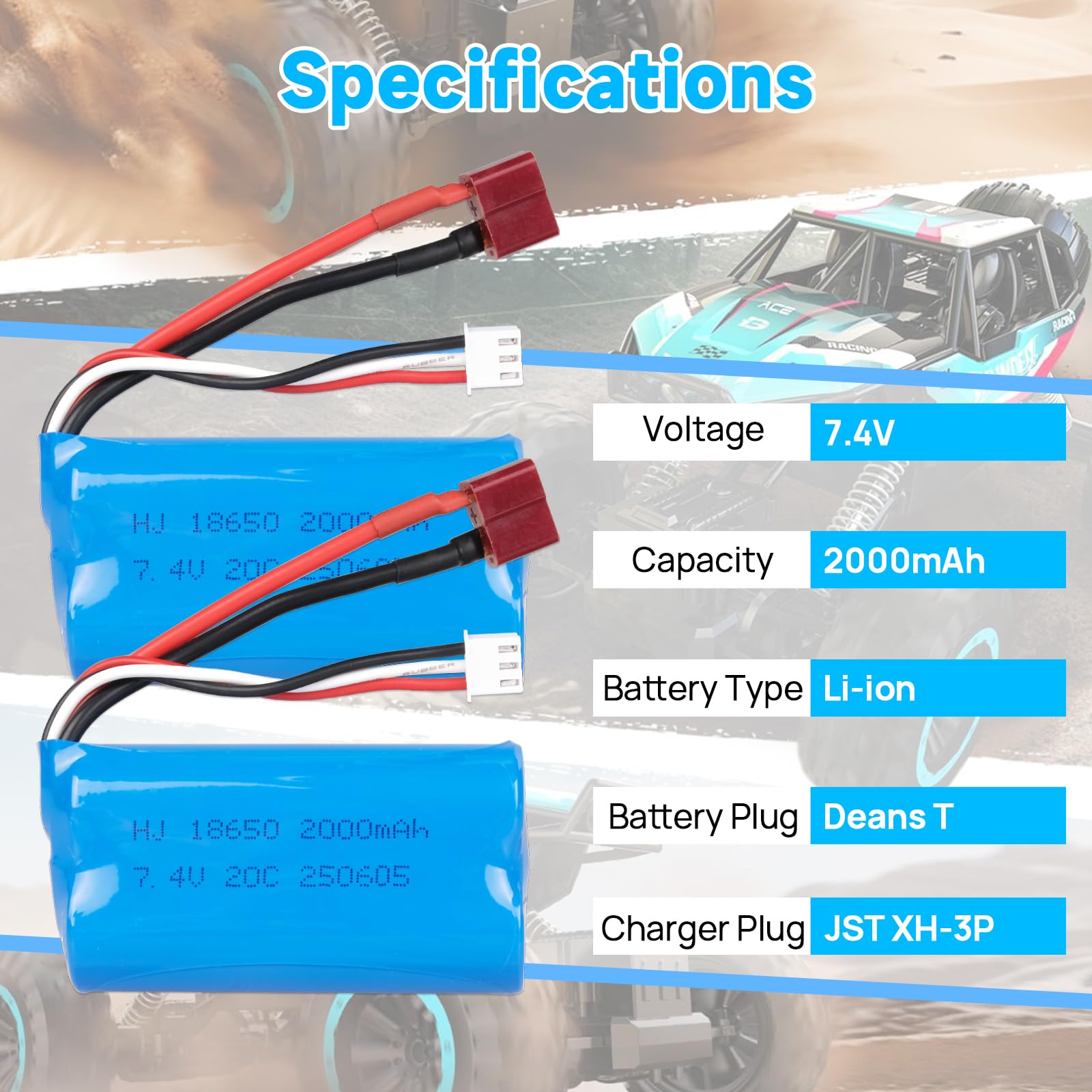 Zestaw akumulatorów 2 szt. 7,4 V 2000 mAh ze złączem T Dean i ładowarką USB, akumulator litowy 2S do samochodów WLtoys 4WD High-Speed RC oraz samochodów RC i ciężarówek