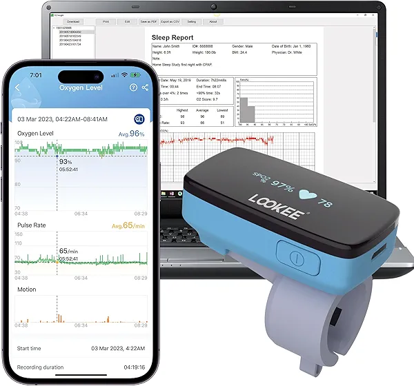 LOOKEE Ring-Pro Wearable Oxygen Monitor with Vibration Reminder for Low O2 - Continuous Pulse Oximeter -Rechargeable Blood Oxygen Saturation Tracker for SpO2 & PR - Free APP & PC Reports