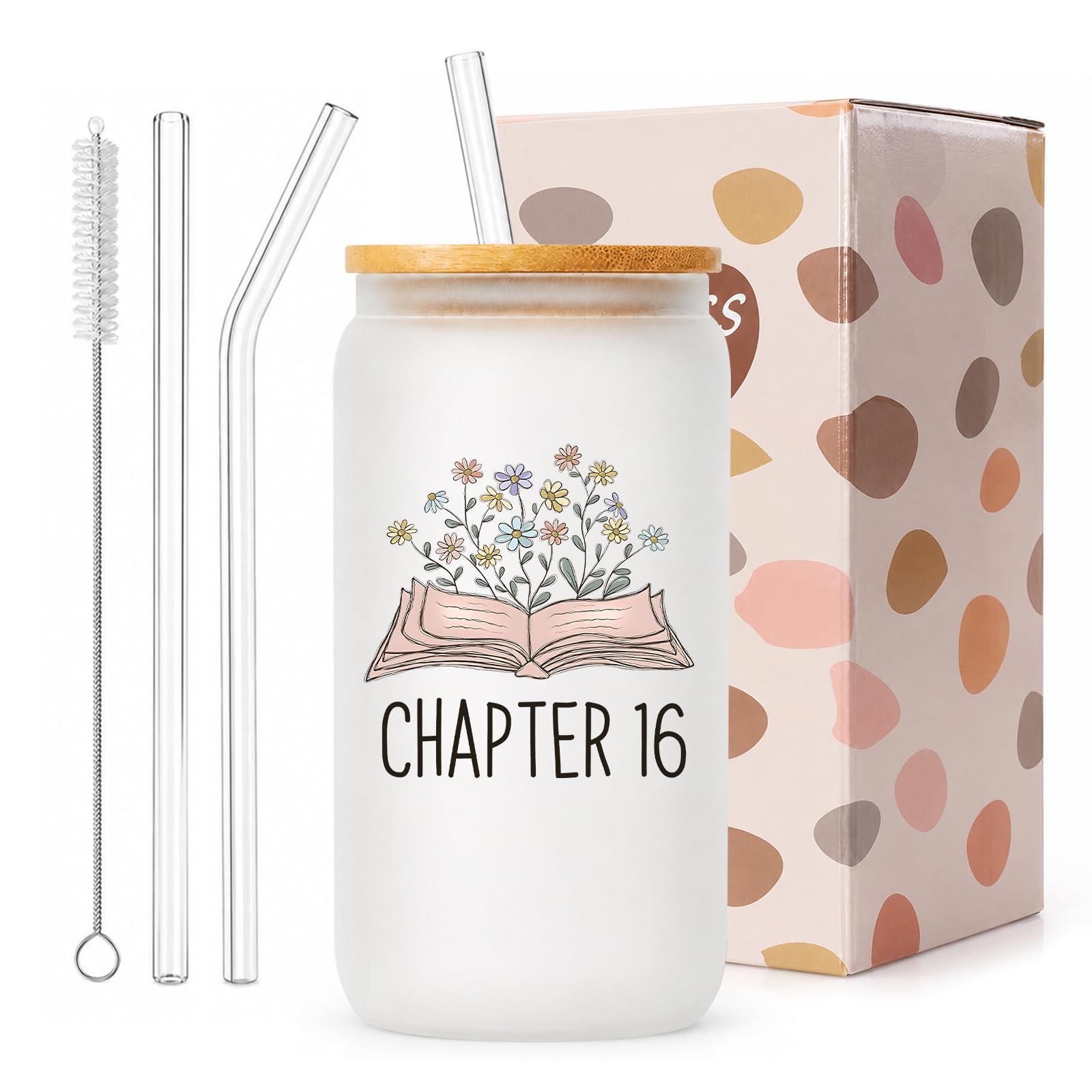 exylosluxek Chapter 16 Frosted Glass Tumbler, 16th Birthday Gifts Girl, Glass Cups with Lids and Straws, Includes Two Glass Straws, Cleaning Brush and Gift Box
